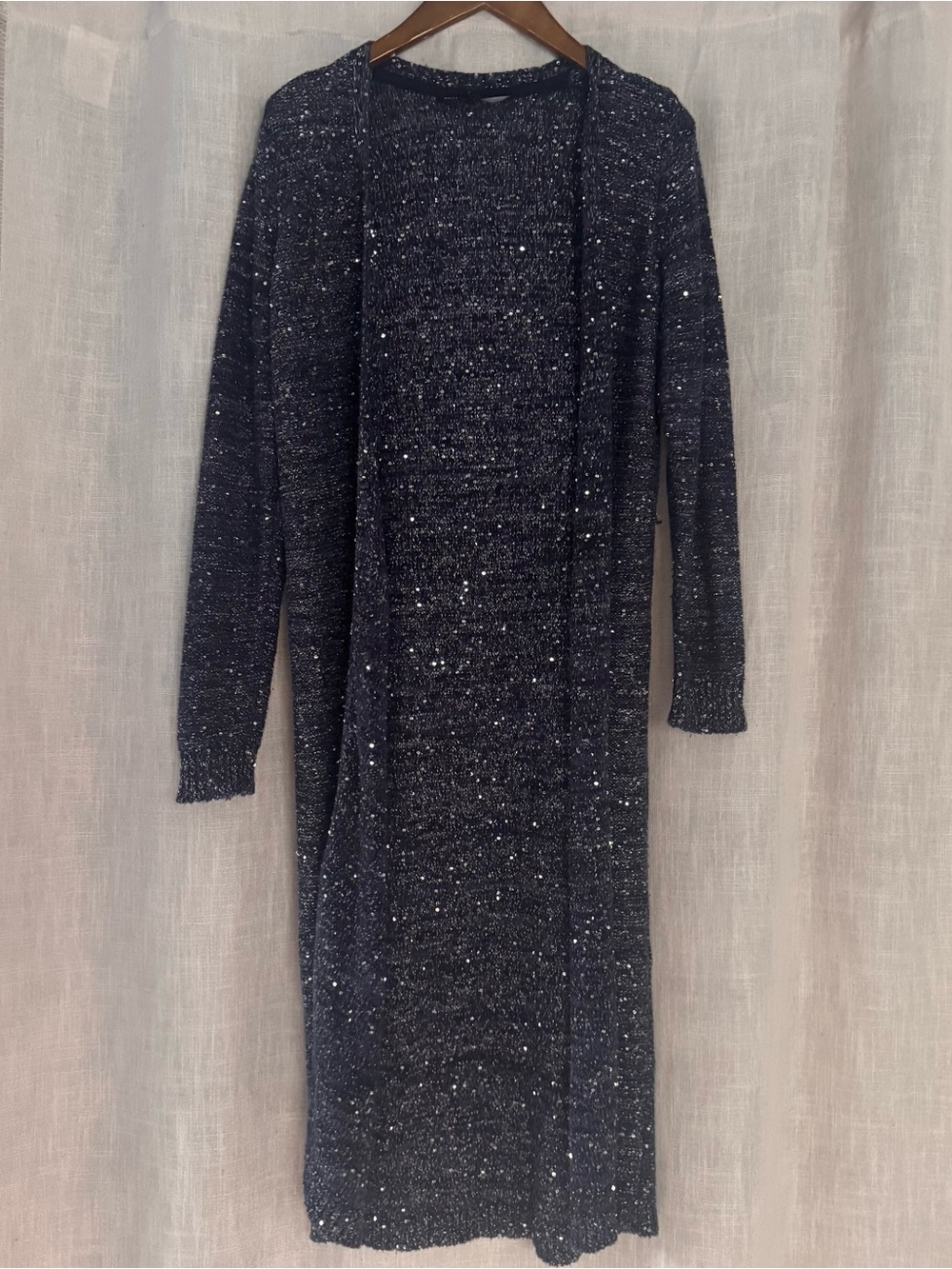 White House black market navy blue sequin duster cardigan size medium